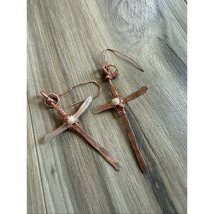 Handmade Hammered Copper Cross Wrapped Earrings Religious Unique